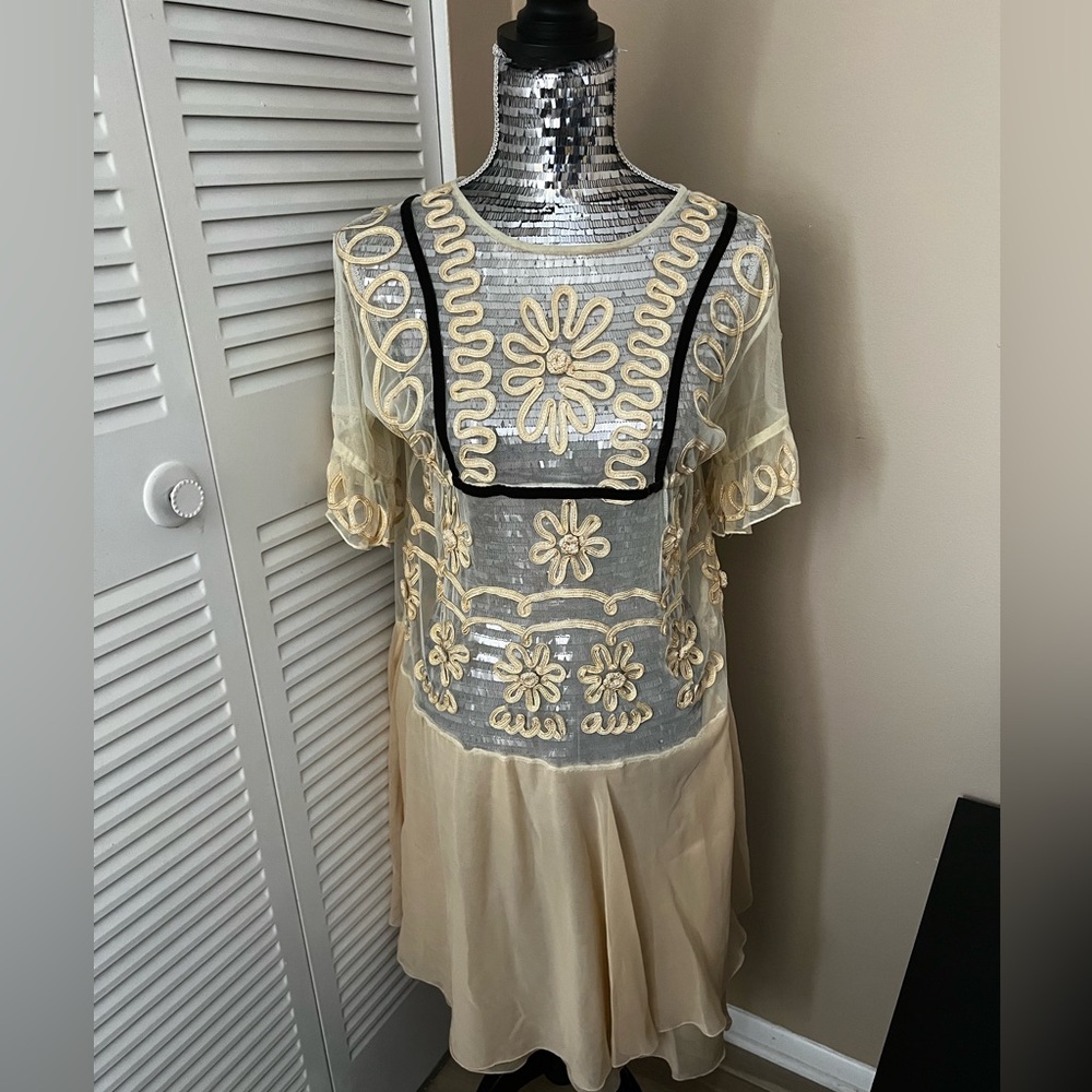 Sheer Embroidered Dress | Gold Soutache Art Deco